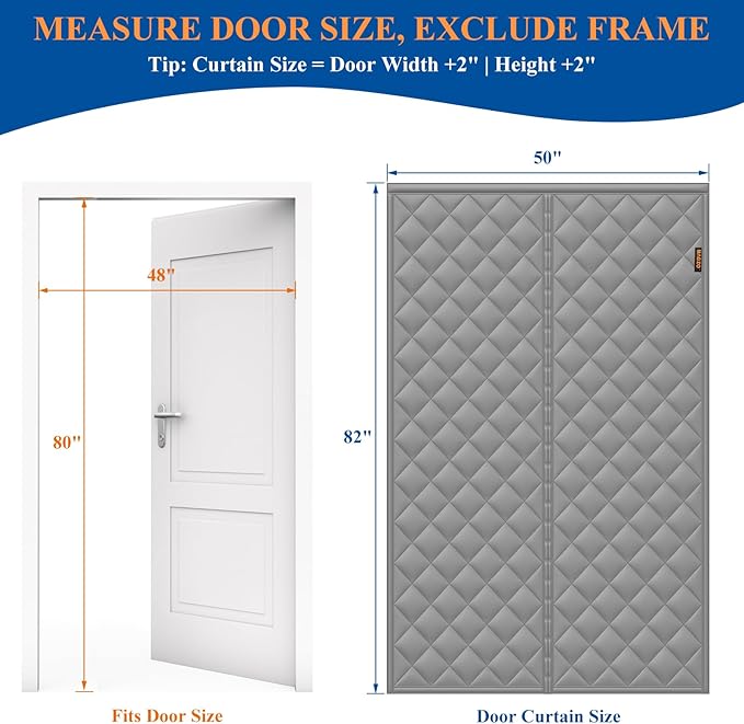 MAGZO Magnetic Thermal Insulated Door Curtain, 48" x 80", Upgraded Oxford Filled with Thicken Cotton, Weatherproofing Insulation Cover Blanket for Winter/Standard Entry Doors, Keep Cold Out, Grey