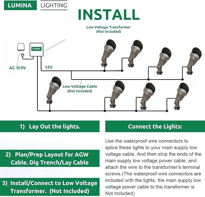 Lumina Lighting® 4W Landscape lighting 12V Landscape Lights Low Voltage Landscape Spotlights Warm White Waterproof Outdoor Replaceable LED Bulb for Garden, Lawn, Porch, Patio and Yard (Bronze, 6-Pack)