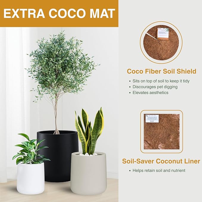 13" H x 12.6" D Conico Fiberstone Round Planter - Christmas Tree Planter, Smooth Finishes, Weather Resistant for Indoor and Outdoor Use, Included 2 Extra Coco Mats (Black, 10" Pot Opening)