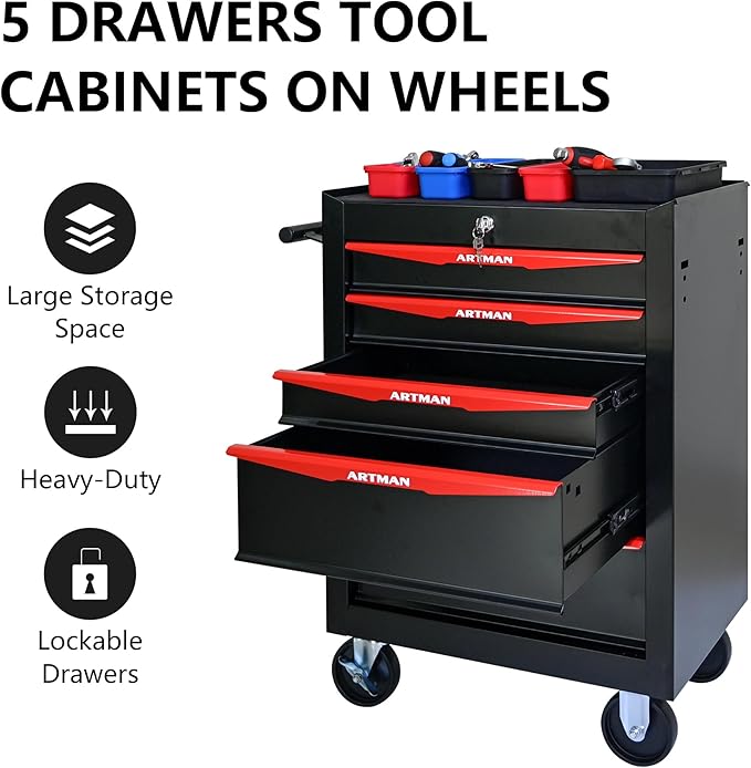 5 Drawers Tool Cart on Wheels, Multifunctional Rolling Tool Storage Chest, Drawers Rolling Trolley Organizer Tool Box for Warehouse, Garage, Workshop, Repair Shop (5 Drawers-30.5" H)