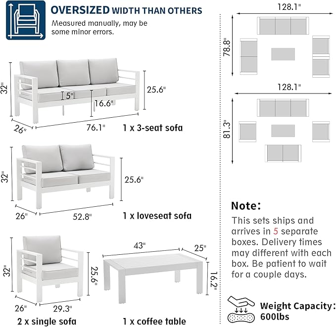 UDPATIO 8 Piece Aluminum Patio Furniture Set, Oversized Modern Outdoor Furniture Set with Olefin Fabric Cushion for Patio Deck Backyard, White(with Waterproof Covers)