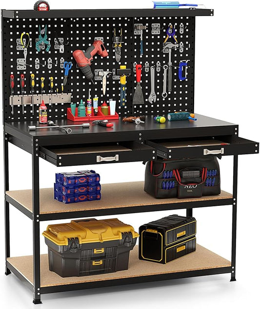 Goplus Workbench with Drawers, 48" x 24" Work Table with Pegboard, Storage, 4 Shelves, 24 Hanging Accessories, 506 LBS Capacity, Heavy-Duty Metal Tool Work Bench for Garage, Workshop