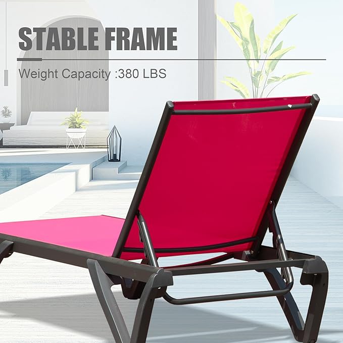Domi Outdoor Lounge Chair, Aluminum Plastic Patio Chaise Lounge with Side Table & 5 Position Adjustable Backrest & Wheels, All Weather Reclining Chair for Outside Beach Poolside Lawn, Rose Red