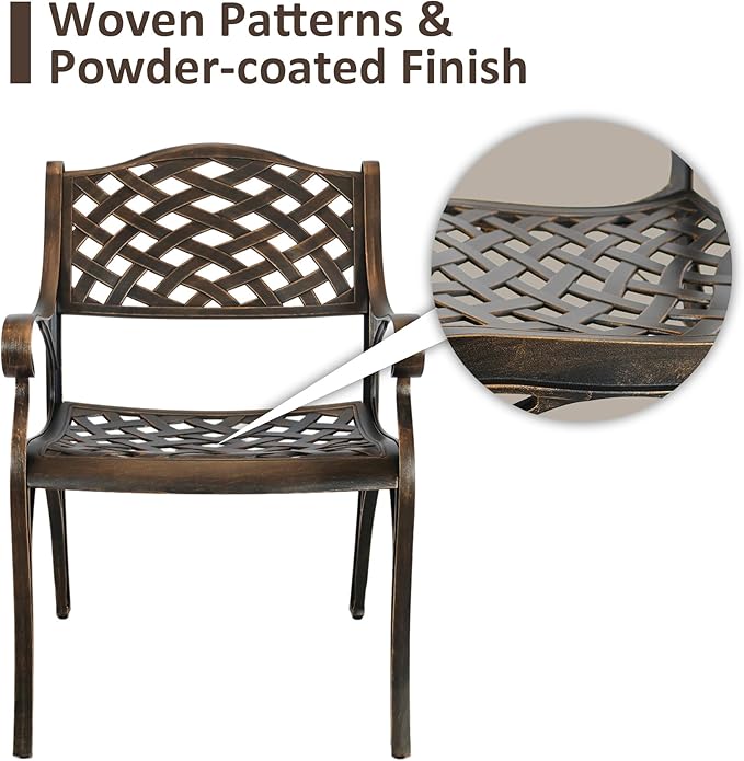 Cast Aluminum Patio Chairs Set of 2,Bistro Dining Chair with Armrests, Wrought Iron 2 Piece Patio Bistro Chair, Cast Iron Outdoor Patio Dining Chair for Backyard,Porch,Brown