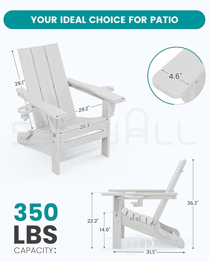 SERWALL Modern Folding Adirondack Chair Set of 2, Weather Resistant HDPE Outdoor Adirondack Chair with Cup Holders, Fire Pit Chairs for Patio Lawn Garden, White