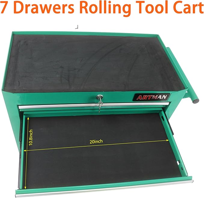 7-Drawer Rolling Tool Cart on Wheels, Multifunctional Trolley Organizer Tool Chest for Workshop, Garage, Warehouse, Repair Shop (7 Drawers-29.9" H-Green)