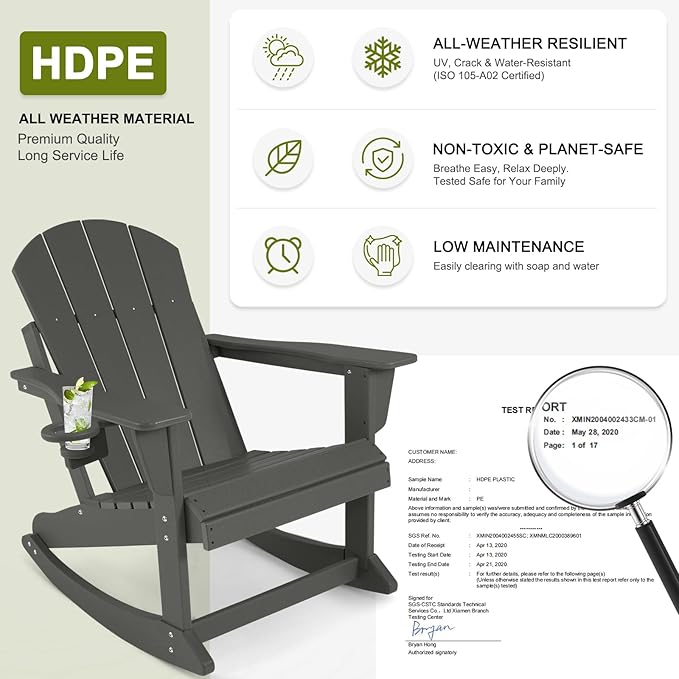 Outdoor Rocking Chair, HDPE Poly All-Weather Patio Rocking Chairs with Cup Holder for Adults, Porch Rocker for Deck Patio Balcony, 440lbs, Black