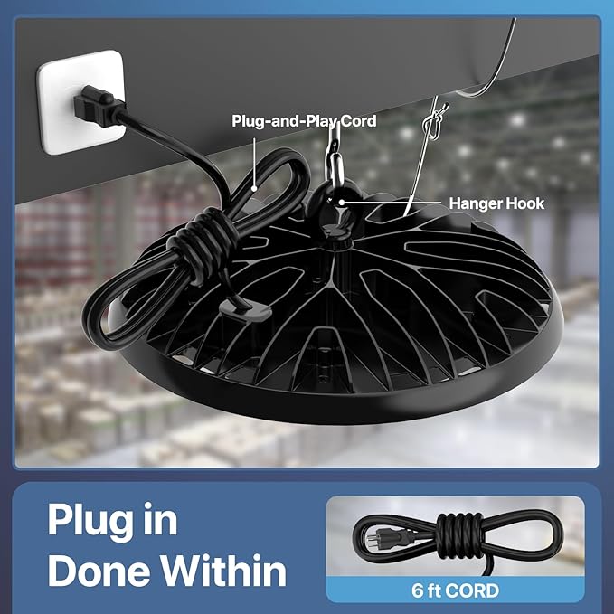 HYPERLITE LED High Bay Lights: 6-Pack 200W UFO Light for Damp Locations - UL-Listed LED Shop Lights for Warehouse Industry Lighting