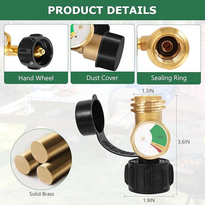 Propane Tank Gauge Level Indicator Gas Leak Detector for 5-40lb LP Tanks, 2 Pack Universal Propane Gas Gauge 3 Colors Coded for Heaters BBQ Gas Cylinder Grill RV Camper Accessories