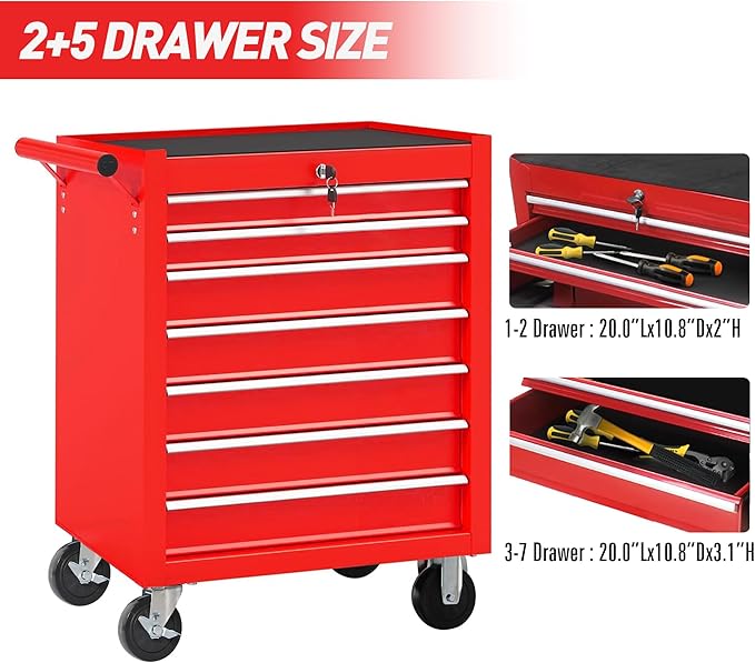 7 Drawers Tool Cart on Wheels, Multifunctional Rolling Storage Tool Chest,Drawers Rolling Tool Boxes Trolley Organizer Case for Garage,Warehouse,Workshop,Repair Shop (7 Drawers - Red)