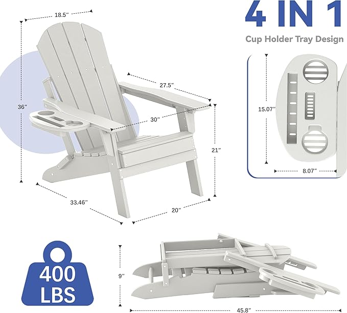 FOOWIN Folding Adjustable Adirondack Chair Set of 4,HDPE Adirondack Chair w/4 in 1 Cup Holder Trays,All-Weather Resistant Fire Pit Chair, Outdoor Chair for Patio Lawn Poolside,400lbs,White