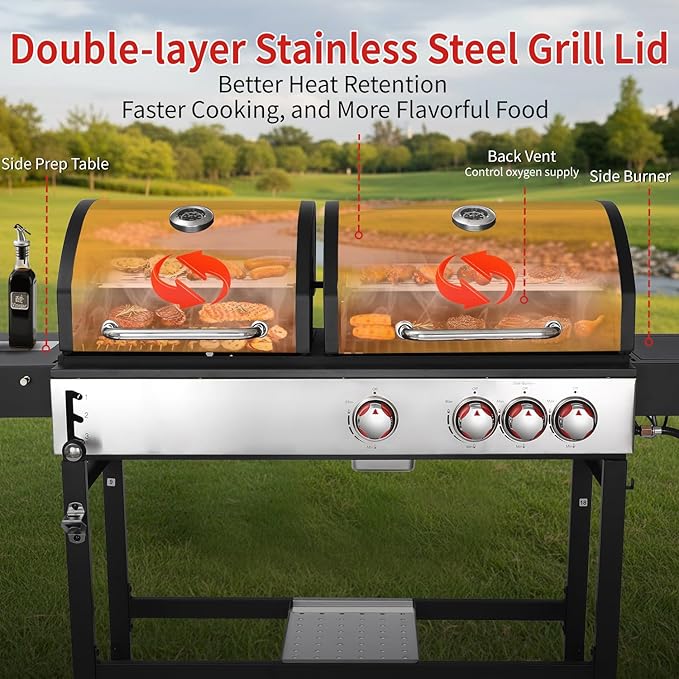Charcoal Grill and 3-Burner Propane Gas Grill Combo with Side Burner & Porcelain-Enameled Cast Iron Grate, Dual Fuel BBQ Grill with Easy-Clean System for Outdoor Events & Backyard Barbecue