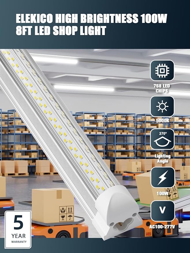 6 Pack 100w 8ft Led Shop Light, Super Bright 15000lm 5000k V Shape 8' Led Shop Lights, Linkable 8 Foot Led Shop Lights for Garage Warehouse, Supermarket, Basement, Barn, Storage Area