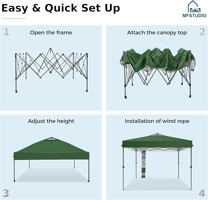 MFSTUDIO Pop Up Canopy Tent, 10x10 Outdoor Canopies Instant Portable Shelter Tens with Vented Top, Storage, 4 Sandbags, Beach Canopy