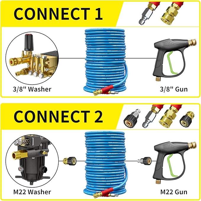 POHIR 100ft Pressure Washer Hose 3/8" 4800 PSI, Kink Resistant Industrial Grade Hose with Quick Connect Ends and Adapters for Hot & Cold Water up to 248°F, Steel Wire Braided Hose for Power Washing