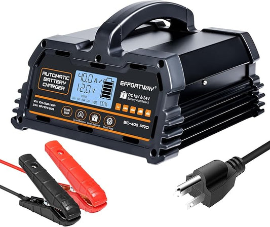 40A Battery Charger, 12V/24V Lead Acid Charger, 12V LiFePO4 Charger. Smart Battery Charger with Trickle Charge.Car Battery Maintainer with LCD Display. Suitable for Trucks,AMG,Motorcycles