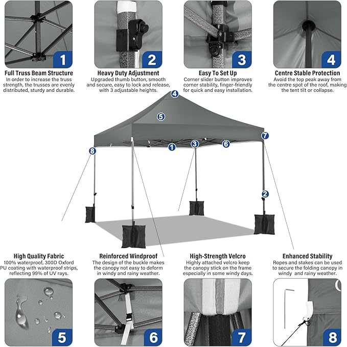 COBIZI 10x10 Heavy Duty Pop up Canopy Tent with 4 Sidewalls, Easy Set-up Commercial Outdoor Party Tent, 100% Waterproof Wedding Canopy Gazebo, 3 Height Adjustable with Wheeled Bag, Gray