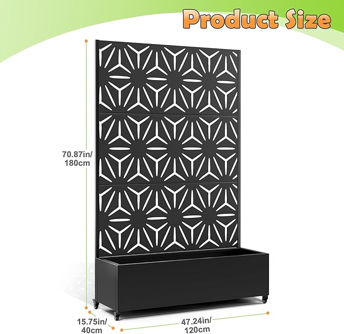 Metal Raised Garden Bed with Trellis, 2 in 1 Trellis with Planter Box & Privacy Screen for Climbing Plants, Vine, Outdoor Standing Flower Beds with Drainage Holes,47.2"L x 16.7"W x 70.8"H,(Black-Star)
