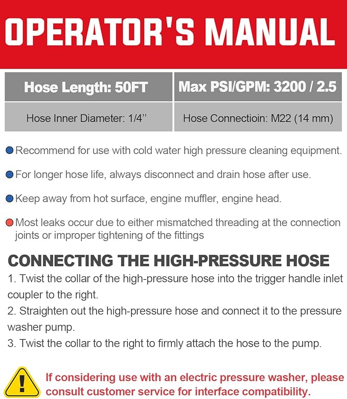 YAMATIC Pressure Washer Hose 50FT 1/4" ID, Standard (2) M22 Brass Fittings, 3200 PSI Kink-Resistant Replacement for Ryobi, Troy Bilt, Greenworks, CRAFTSMAN M22 Threads Power Washers