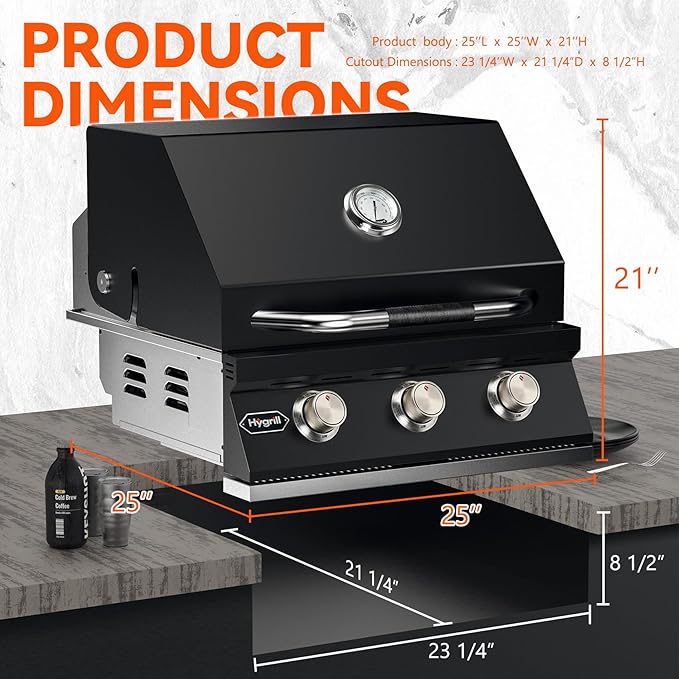 Hygrill Heavy Duty 3-Burner Built In Grill for Liquid Propane, Stainless Steel Outdoor Kitchen Grill Head, Black