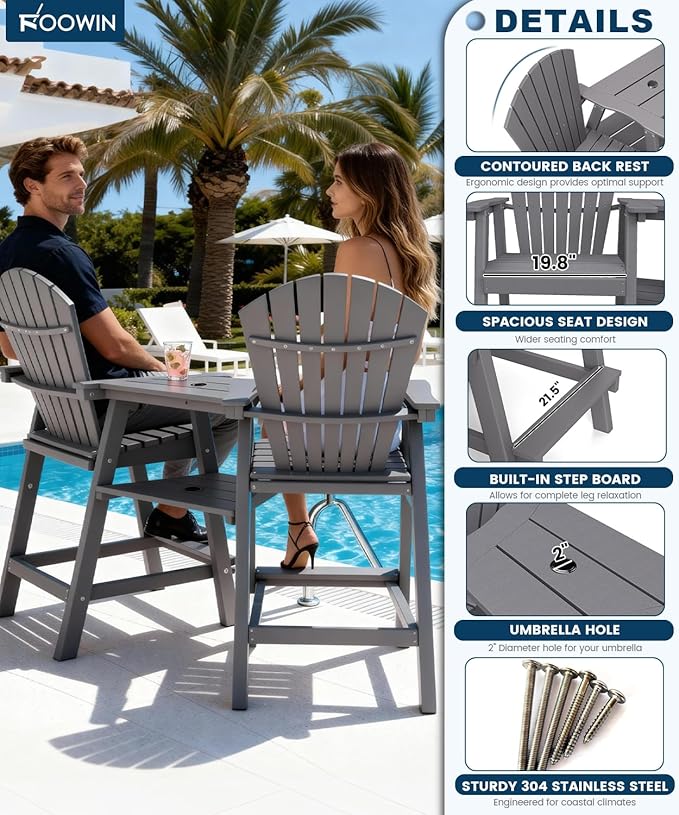 FOOWIN Tall Adirondack Chair Set of 8, All Weather HDPE Bar Height Adirondack Chair with Double Connecting Trays, Adirondack Barstools for Balcony, Deck, Backyard, Patio, Garden Grey
