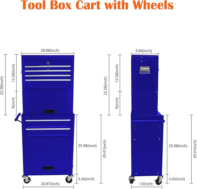 6 Drawers Rolling Tool Box Organizer,2 Tier High Capacity Tool Chest with Wheels,Lockable Rolling Tool Chest with 2 Cabinet,Detachable Tool Box Workshop Storage Cabinet (2 Tier-6 Drawers(Blue))
