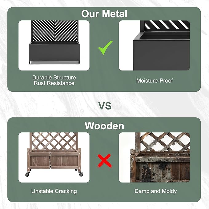 Metal Raised Garden Beds Outdoor with Trellis & Wheels, Planters Box with Privacy Screen, Drainage Holes for Vegetables, Flowers (35" L×16" W×71" H, Black Parallel)