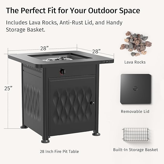 EAST OAK 28" Upgraded Outdoor Fire Pit Table | 52,000 BTU Fire Pit Table for Outside with Magnetic Lid | Storage Basket & Lava Rocks | CSA Certified for Patio, Garden & Backyard | Black