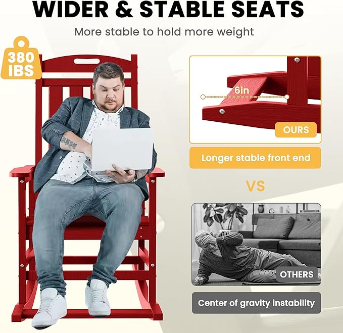 LOUNZY Outdoor Rocking Chair with Footboards Set of 8, HDPE Rocking Chair Patio Porch Rocker with 380lbs Support for Adult, Dark Red