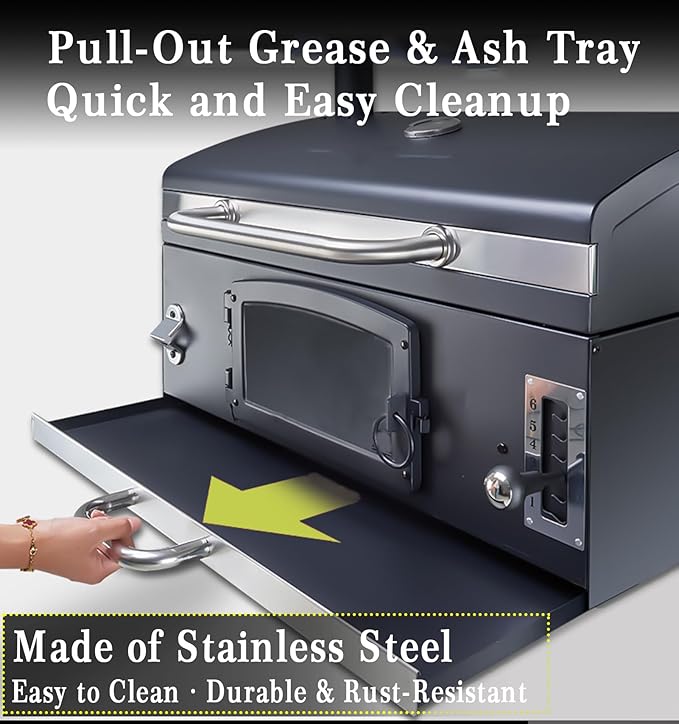 Built-in Barbecue Grills, Large Charcoal BBQ Grills with Liftable Tray, Insulated Hood & Temp Gauge, Black Stainless Steel Charcoal BBQ Barrel Grill for Outdoor Kitchen Camping Park Style