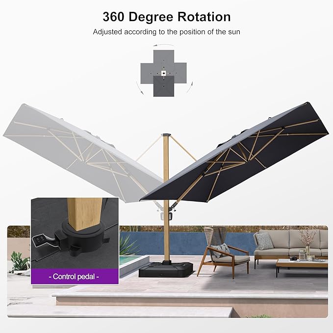 PURPLE LEAF 11FT Patio Umbrella Square Cantilever Umbrella Teak Finished Aluminum Frame Large Windproof Offset Outdoor Sun Umbrellas for Beach Pool Deck, Grey