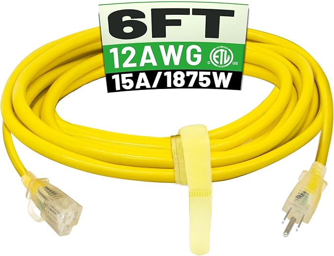 POWGRN 6 ft 12/3 Outdoor Extension Cord Waterproof Heavy Duty with Lighted Indicator End 12 Gauge 3 Prong, Flexible Cold-Resistant Long Power Cord Outside, 15Amp 1875W SJTW Yellow ETL Listed