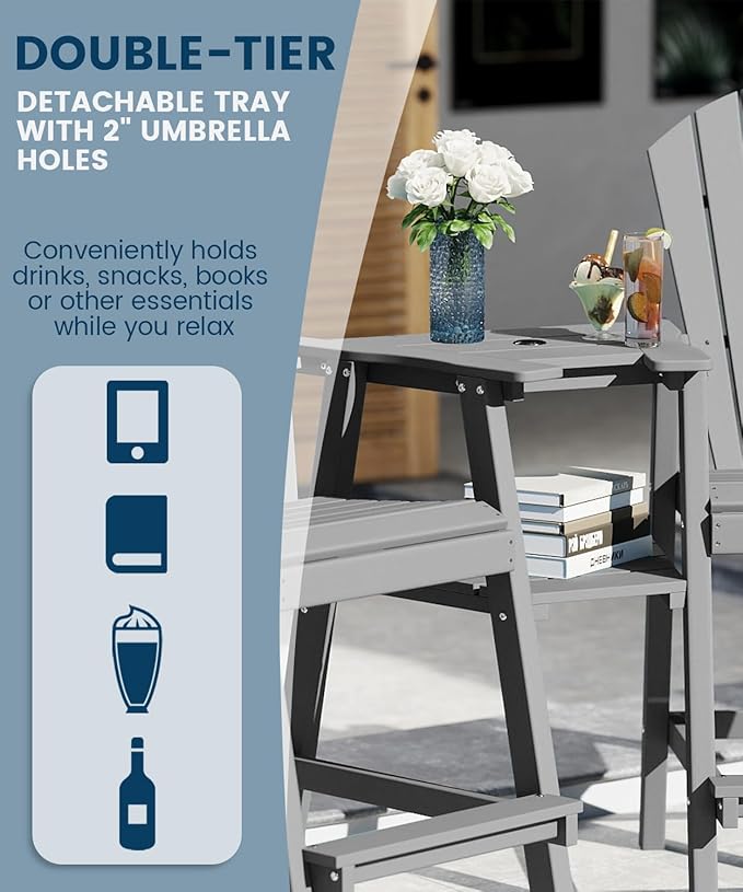 FOOWIN Tall Adirondack Chair Set of 8, All Weather HDPE Bar Height Adirondack Chair with Double Connecting Trays, Adirondack Barstools for Balcony, Deck, Backyard, Patio, Garden Grey