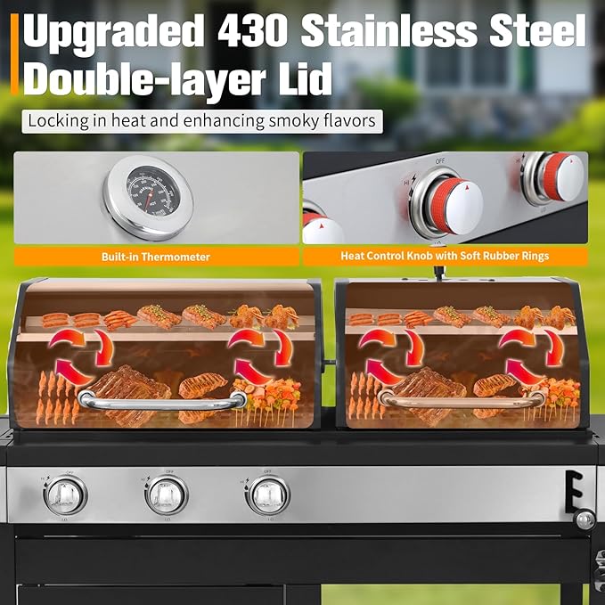 CIG GARDEN 3 Burner Propane Gas and Charcoal Grill Combo with Side Burner,Dual Fuel BBQ Grill with Cast Iron Griddle,41,500 BTU Output Perfect for Outdoor Cooking, Balcony, Backyard,Camping