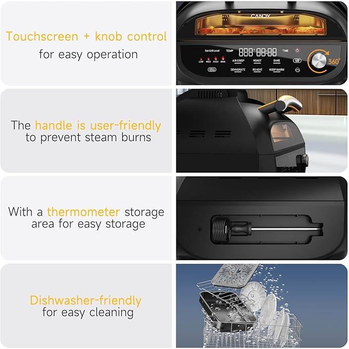 Candy Indoor Grill & Air Fryer with Ceramic Accessories, 500°F Max, 7-IN-1 Digital Display, 5.2 QT Electric Low Smoke with View Window, Smart Thermometer, Crisp, Roast & Dehydrate, Easy Clean, 1500W