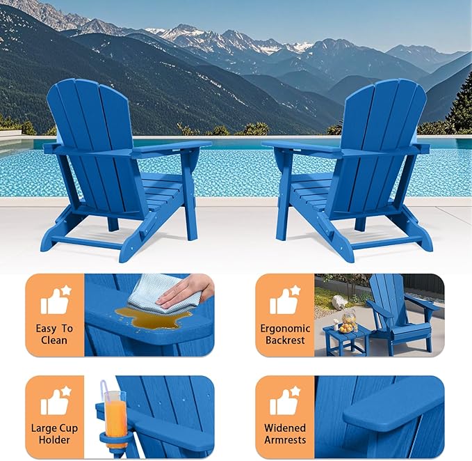 Folding Adirondack Chair, HDPE All-Weather Patio Chairs for Outdoor, Patio, Lawn, Garden, Backyard Deck, Fire Pit - Navy Blue