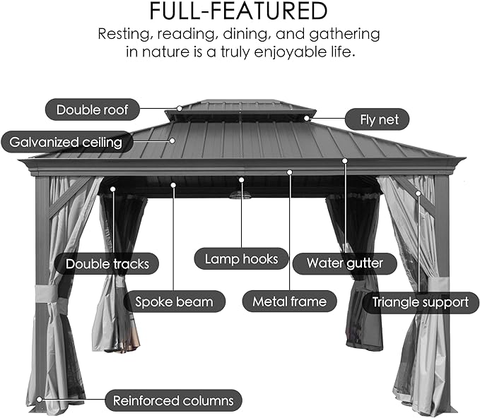 Kozyard Alexander 12' X 14' Aluminum Hardtop Gazebo with Galvanized Steel Double Roof Canopy, Curtain and Netting, Permanent Gazebo Pavilion for Patio, Backyard, Deck, Lawn (Gray)