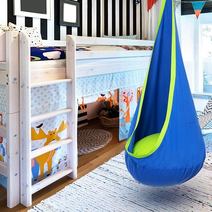 Y- STOP Kids Pod Swing Seat, Hanging Hammock Chair Swing with Inflatable Pillow, Sensory Swing Chair with Pocket for Outdoor and Indoor (Blue and Green)