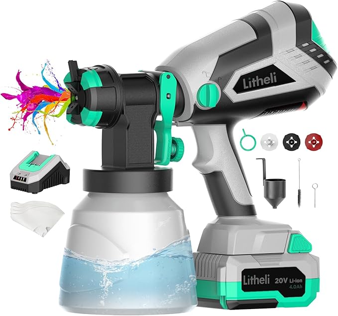 Litheli Cordless Paint Sprayer with Battery of 20V 4.0Ah, HVLP Paint Sprayer Gun with 1000ml Container and 3 Nozzles, Electric Powerful Paint Sprayers for House and Furniture Painting Fence Wall