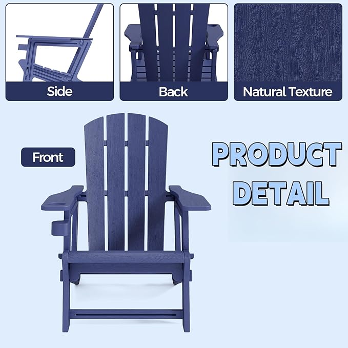Adirondack Chairs Set of 6,Adirondack Chair with Cup Holders,Wooden Textured Plastic Fire Pit Chair,All-Weather Outdoor Patio Chairs for Lawn,Backyard Deck, Porch,400LBS Heavy-Duty,Navy Blue