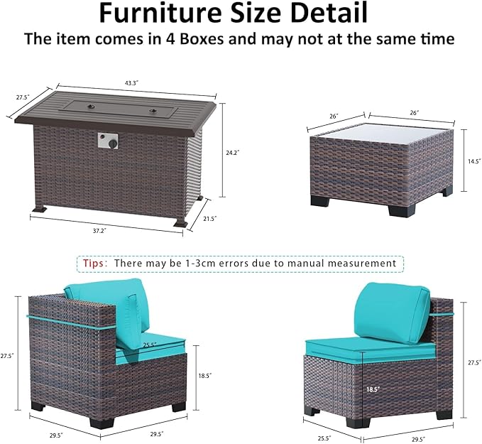 Outdoor Patio Furniture with Fire Pit Table, 6 Pieces Outdoor Furniture Patio Sectional Sofa PE Rattan Conversation Sets w/43 Propane Gas Firepit & Coffee Table for Outside - Teal.