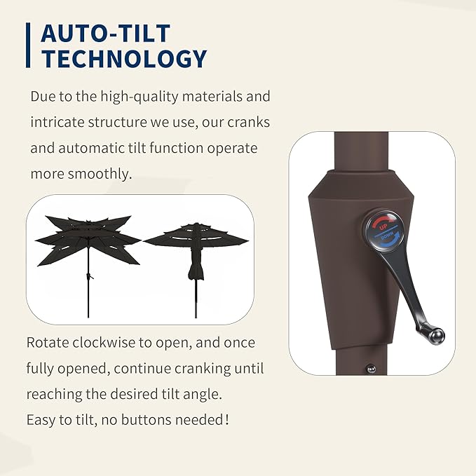9FT 3 Tiers Patio Umbrella With Auto Tilt and Crank, Outdoor Table Market Umbrella with 8 Sturdy Ribs for Garden,Lawn,Deck,Backyard and Pool,Black