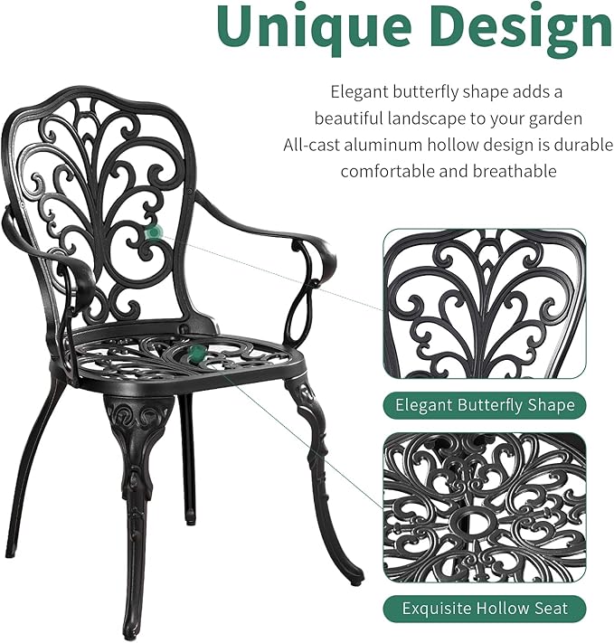 3 Piece Patio Bistro Set Cast Aluminum Bistro Table and Chairs Set of 2 with Umbrella Hole,All Weather Metal Bistro Table Set,Outdoor Patio Furniture Set for Garden(Butterfly Black)