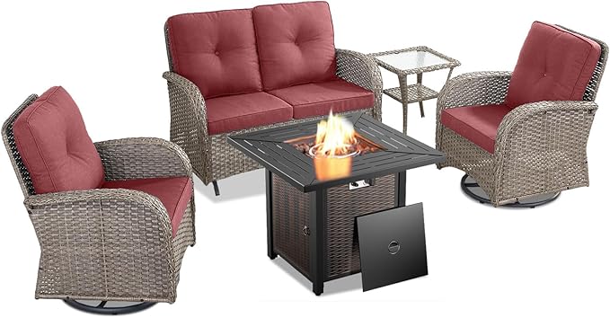 Belord 5 Piece Outdoor Patio Furniture Set with 50000 BTU Propane Fire Pit Table, Deep Seating Wicker Swivel Rocker Chairs and Loveseat Glider Patio Conversation Set for Poolside Deck Backyard