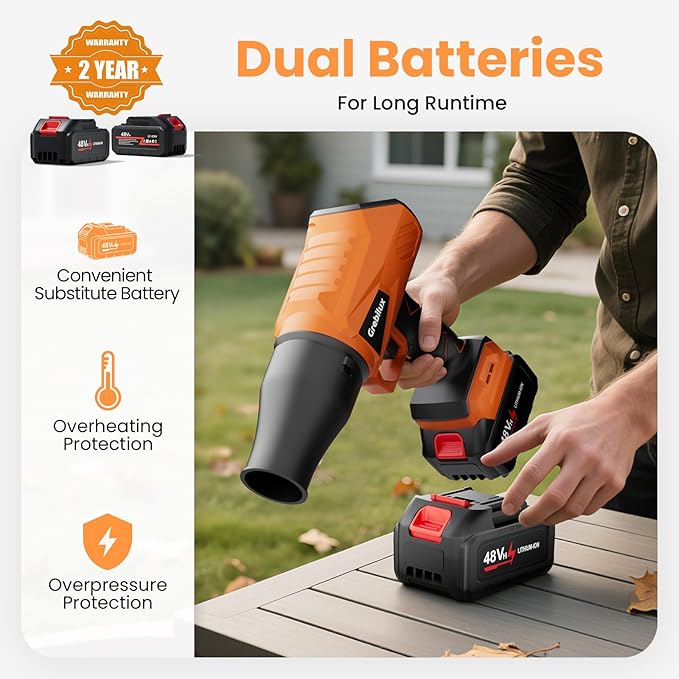 Leaf Blower Cordless, 48V Dual Batteries, 30000 RPM Turbo Jet Blower with Extended Nozzles, Premium Lightweight Handheld Set for Lawn Care, Leaf/Car/Snow/Dust Cleaning in Patio & Yard