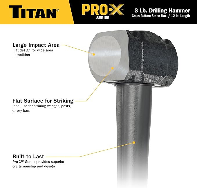 Titan Pro-X 63013 3lb Drilling Hammer, Dual-Face Sledge with Cross-Pattern Face for Concentrated Power & Flat Face for Stake Driving, Overstrike Protection, 12" Fiberglass Handle with Textured Grip