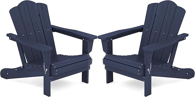 KINGYES Folding Adirondack Chair Set of 2, HDPE All-Weather Adirondack Chair, Navy Blue