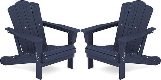 KINGYES Folding Adirondack Chair Set of 2, HDPE All-Weather Adirondack Chair, Navy Blue