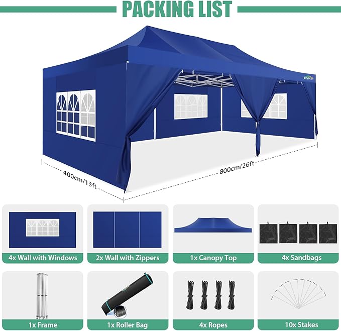 COBIZI 13x26 Heavy Duty Pop Up Canopy with 6 Sidewalls Party Tent Outdoor Wedding Large Event Tent with Roller Bag for Garden Lawn Waterproof UPF 50+ Ez Up, Dark Blue (Framework Upgraded)