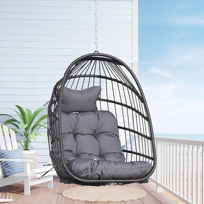 Nicesoul Patio Hanging Egg Chair No Stand, Foldable Ceiling Egg Basket Chairs Without Stand Indoor Outdoor, 350lbs Egg Shell Swing Hammock Chair with Cushion for Backyard, Balcony, Outside, Dark Grey
